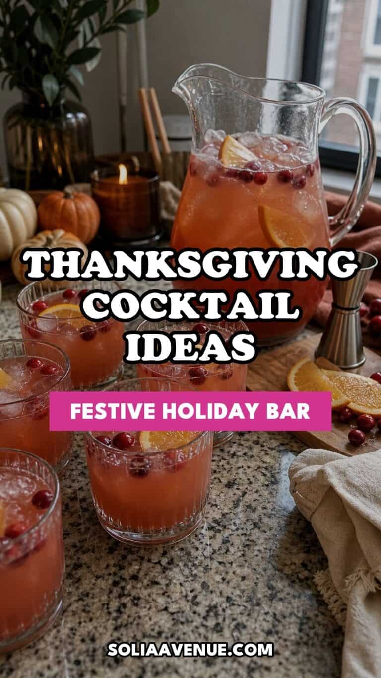 Pinterest pin for Top 17 Thanksgiving Cocktail Ideas for a Festive Holiday Bar from Solia Avenue.