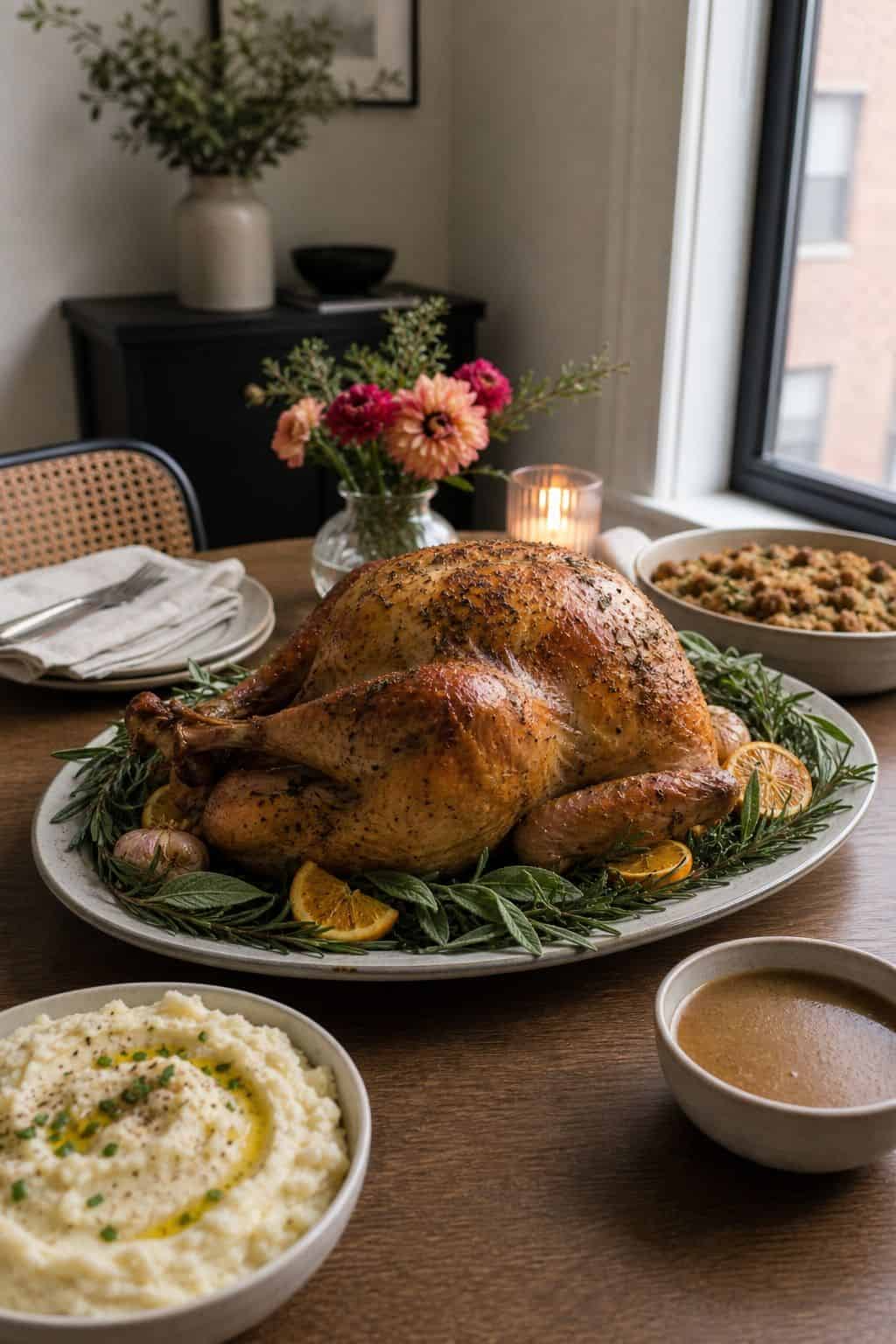 Anchor the Table With Herb-Roasted Turkey small apartment idea for Top 18 Thanksgiving Dinner Food Ideas for a Full Holiday Menu.