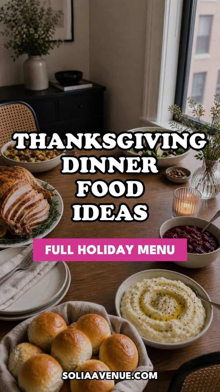 Pinterest pin for Top 18 Thanksgiving Dinner Food Ideas for a Full Holiday Menu from Solia Avenue.