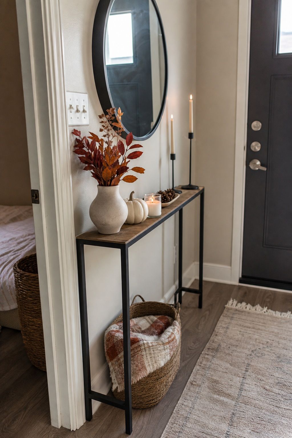 Choose a Long Narrow Console (Under 14 Inches Deep) small apartment idea for Top 16 Thanksgiving Entryway Decor Ideas for Apartments.