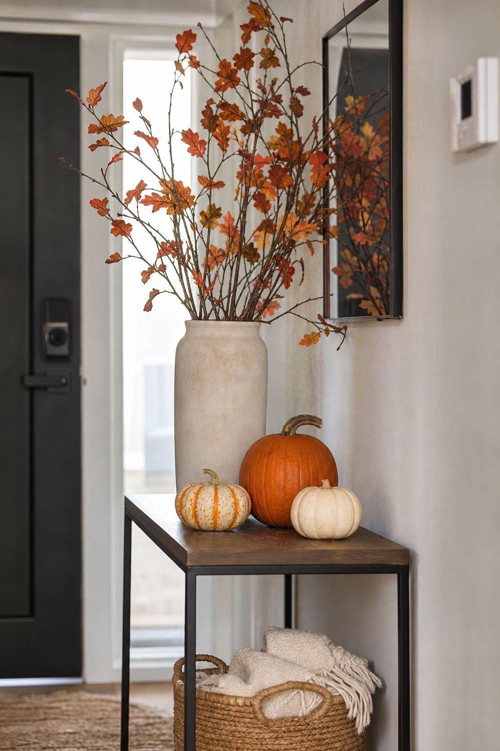 Style With a Tall Vase Plus Three Pumpkins small apartment idea for Top 16 Thanksgiving Entryway Decor Ideas for Apartments.