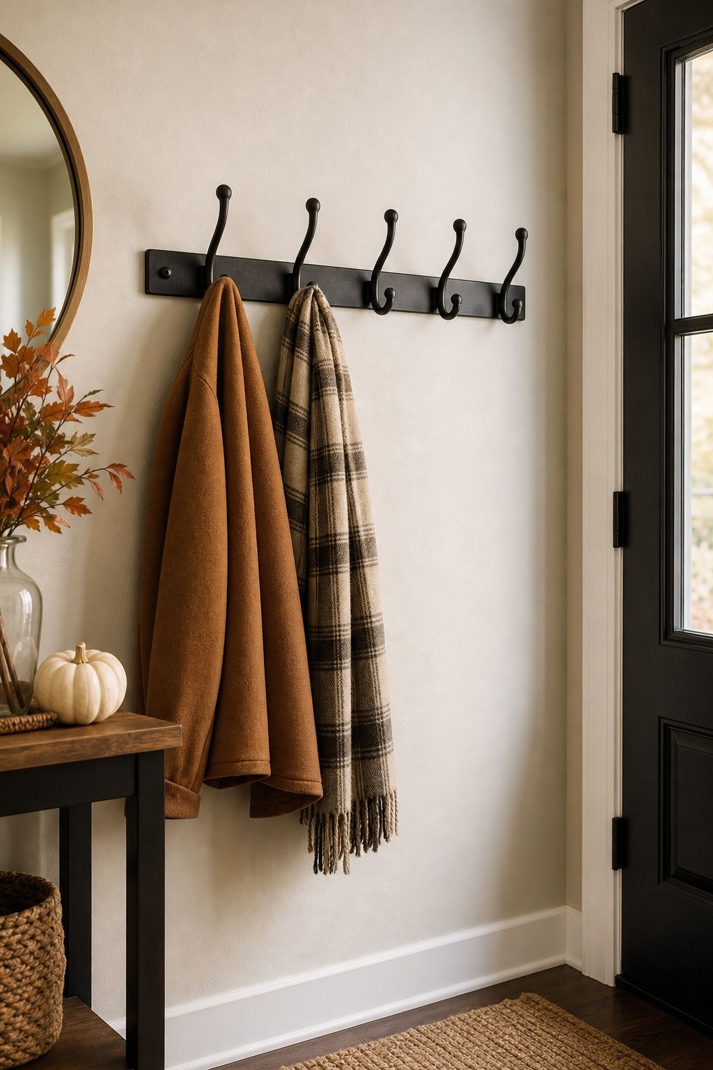 Install Five Iron Hooks for Coats small apartment idea for Top 16 Thanksgiving Entryway Decor Ideas for Apartments.