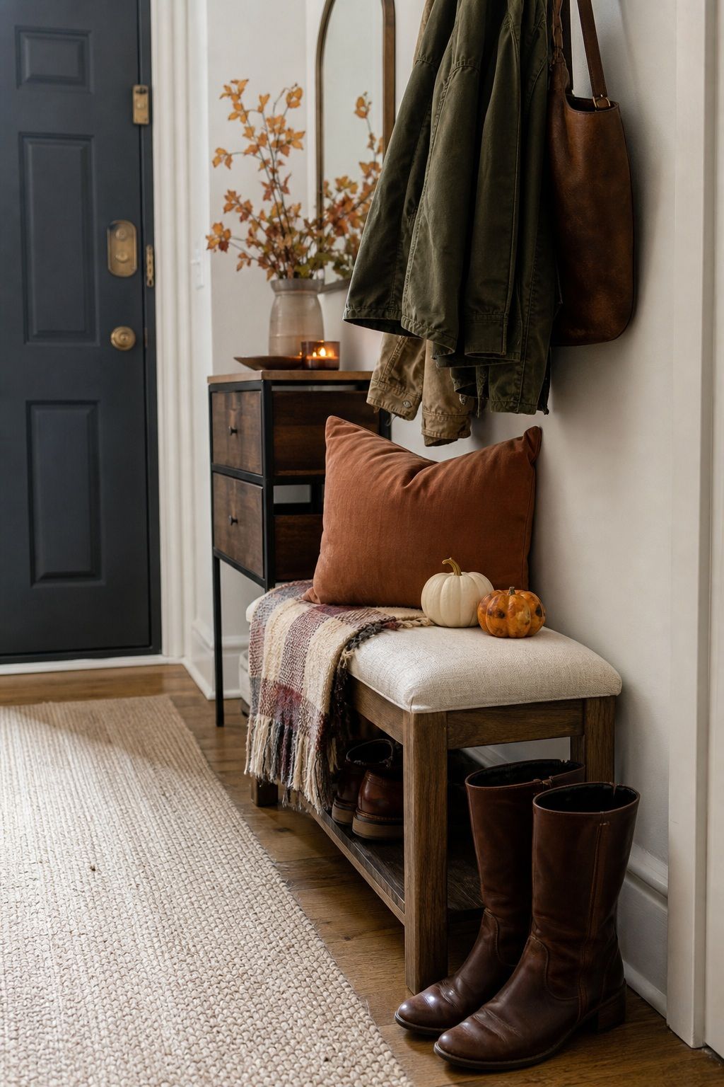 Add a Bench or Stool for Boots small apartment idea for Top 16 Thanksgiving Entryway Decor Ideas for Apartments.