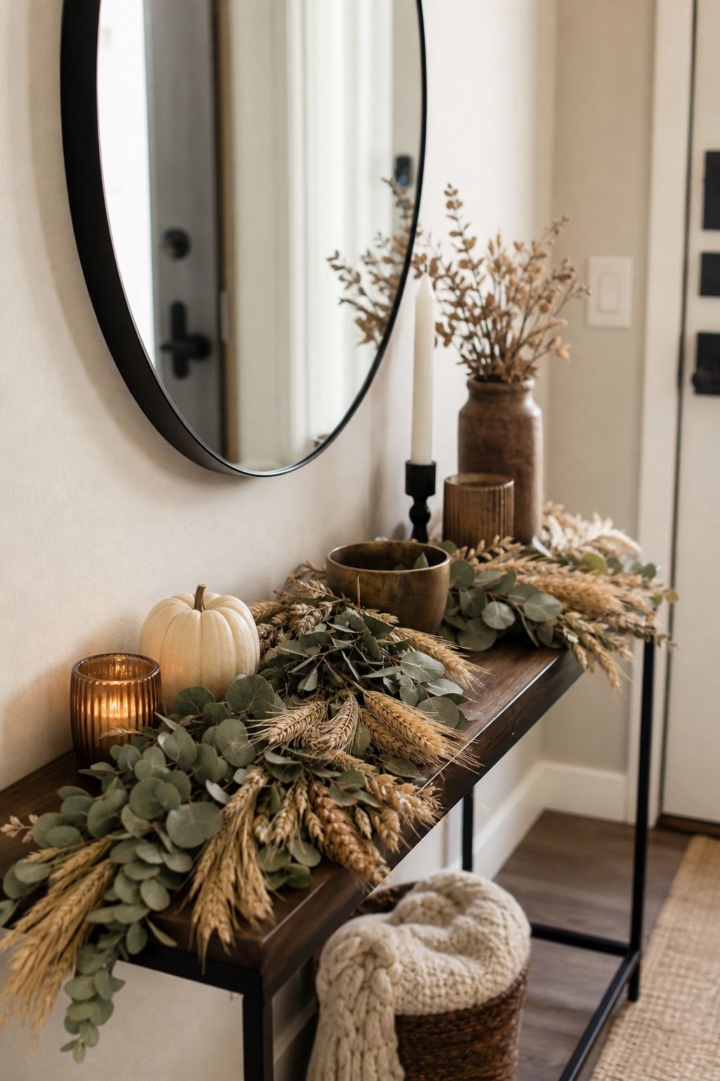 Drape a Dried Wheat or Eucalyptus Garland Across the Console small apartment idea for Top 16 Thanksgiving Entryway Decor Ideas for Apartments.
