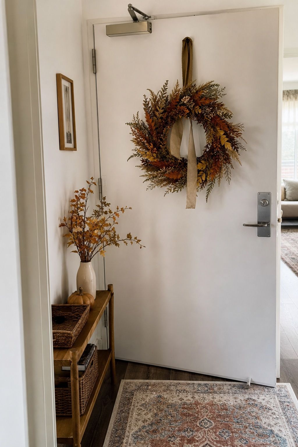 Place a Wreath Inside the Door, Not Just Outside small apartment idea for Top 16 Thanksgiving Entryway Decor Ideas for Apartments.