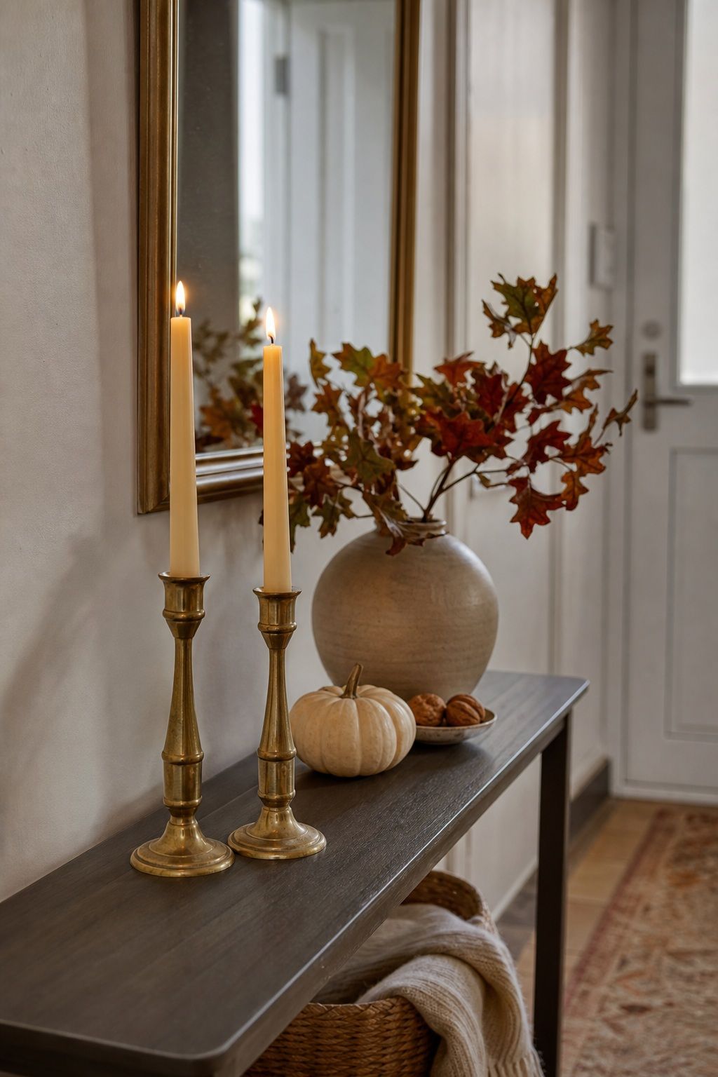 Add Two Brass Candleholders With Tapers small apartment idea for Top 16 Thanksgiving Entryway Decor Ideas for Apartments.