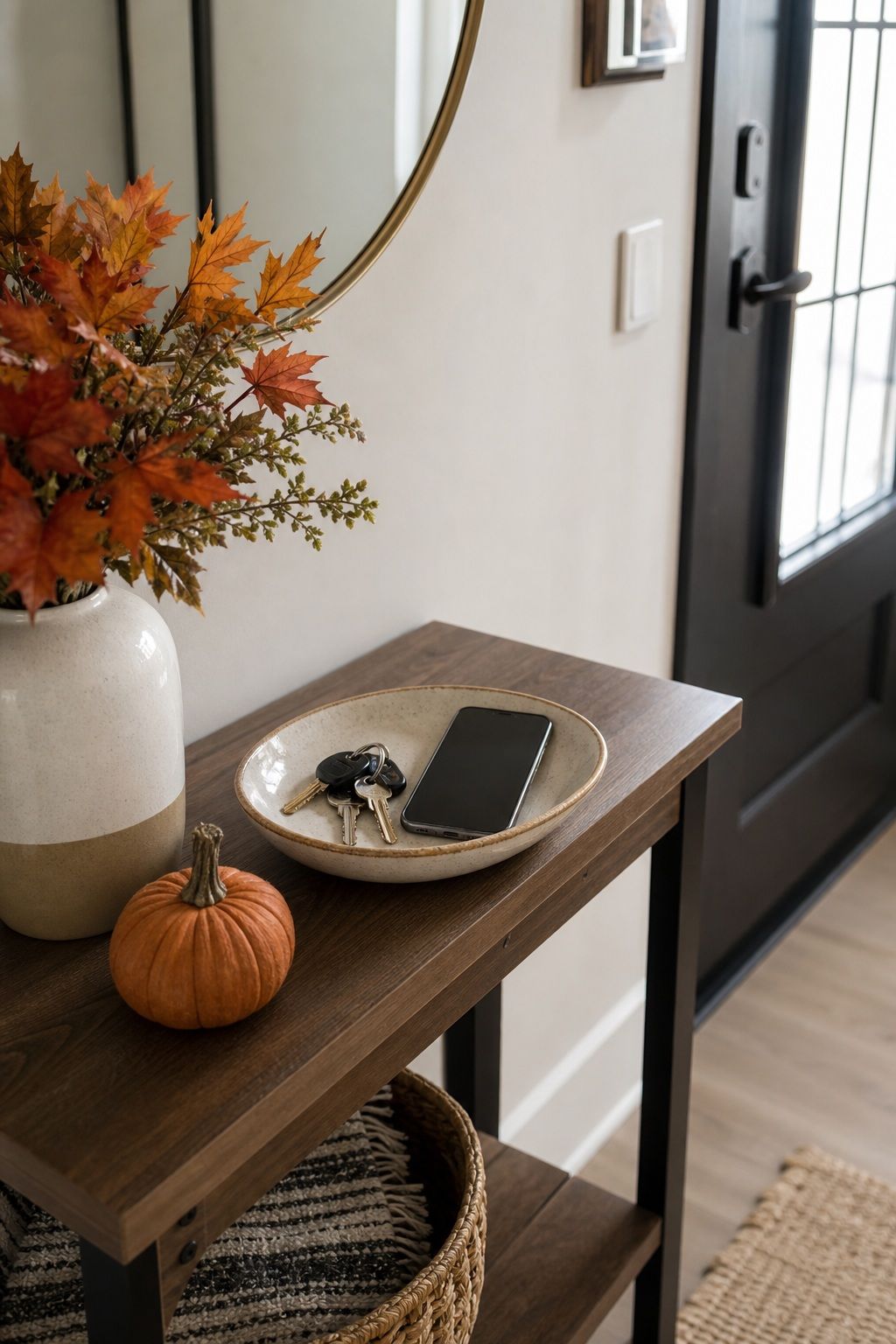 Place a Small Bowl for Keys and Phones small apartment idea for Top 16 Thanksgiving Entryway Decor Ideas for Apartments.