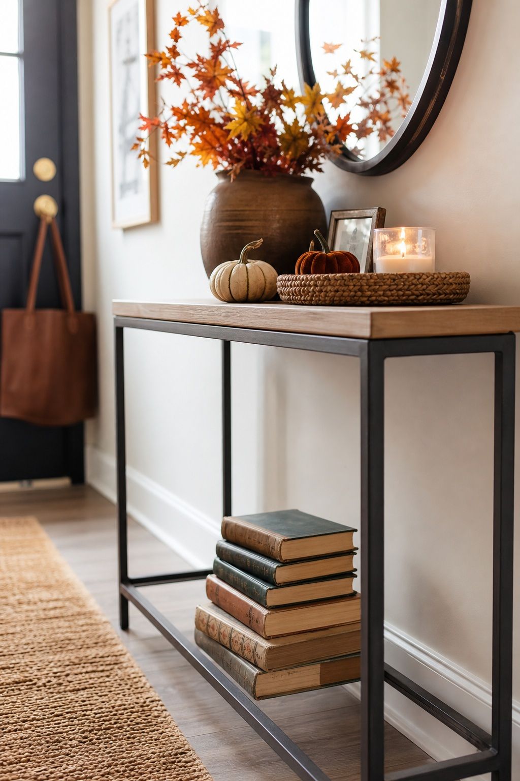Tuck a Small Stack of Vintage Books Underneath small apartment idea for Top 16 Thanksgiving Entryway Decor Ideas for Apartments.