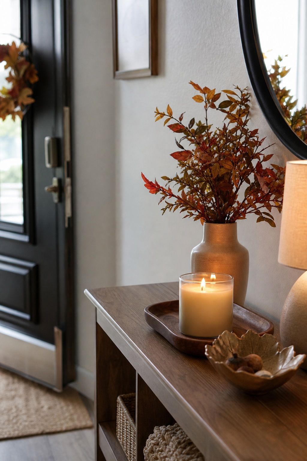 Light a Subtle Fall Scent Candle Nearby small apartment idea for Top 16 Thanksgiving Entryway Decor Ideas for Apartments.