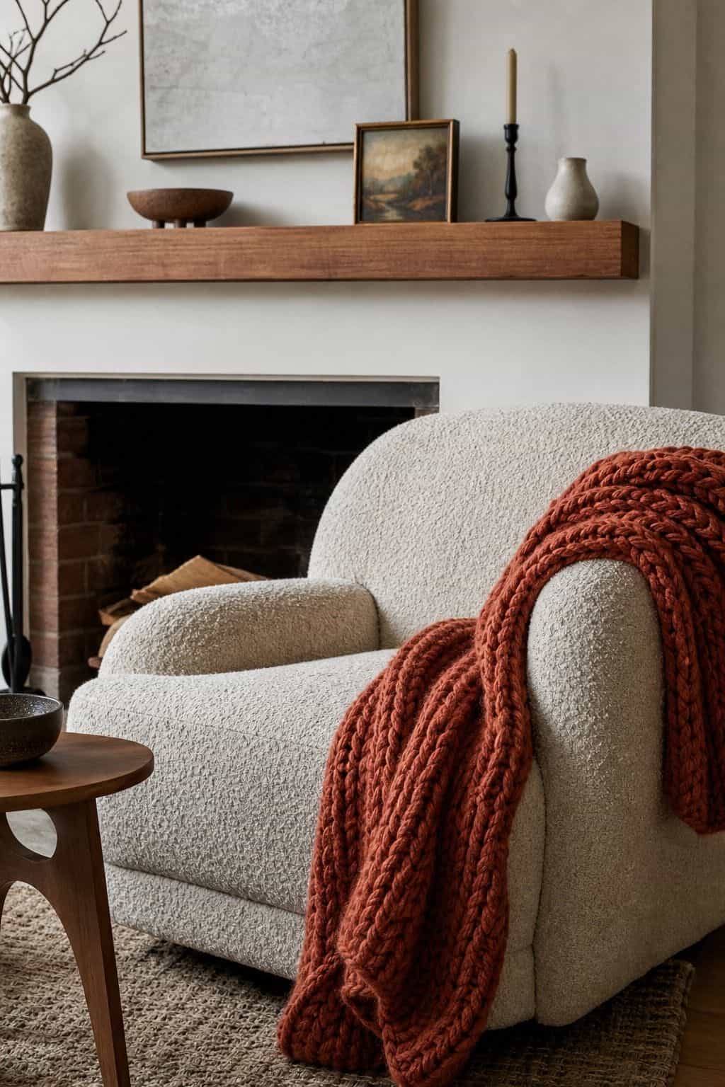 Rust chunky knit throw draped on an armchair beside a Thanksgiving fireplace