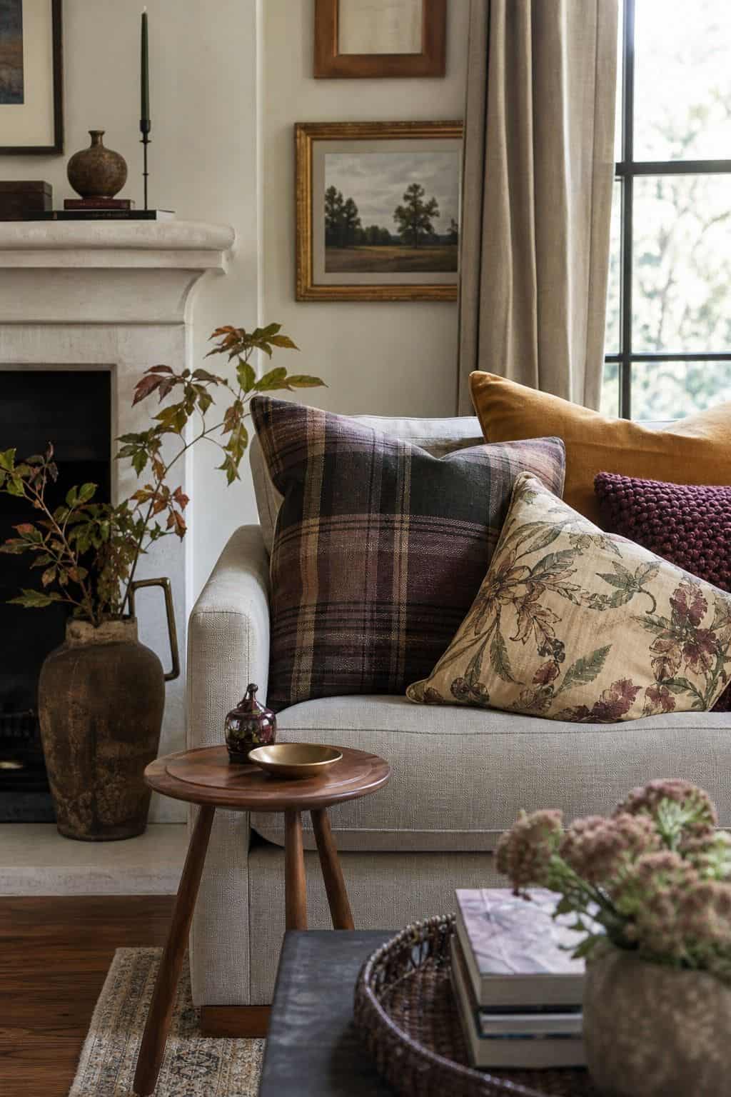 Fall patterned pillows on a chair beside a Thanksgiving fireplace mantel