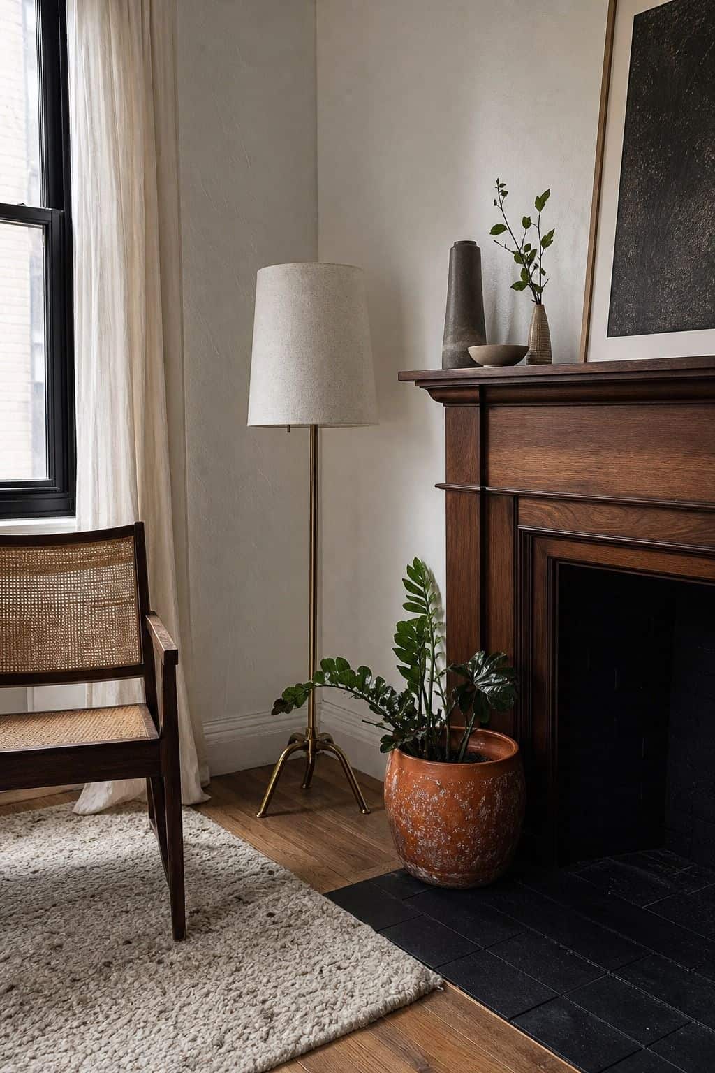 Slim floor lamp beside a walnut fireplace for soft Thanksgiving living room light