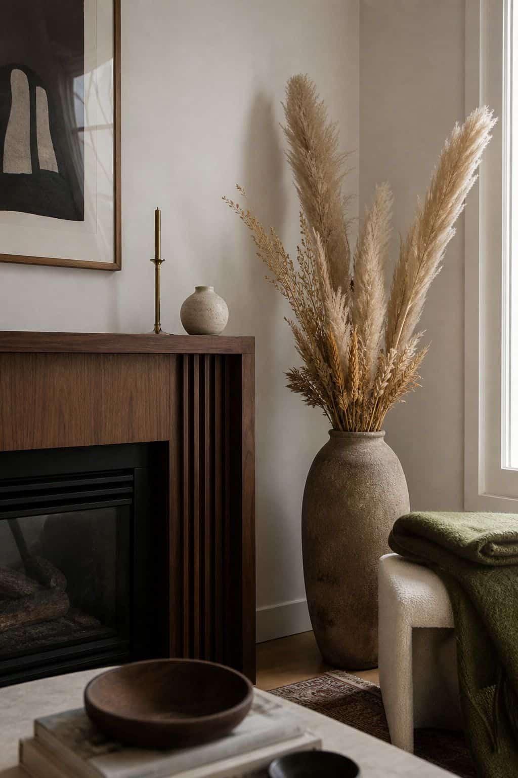 Tall pampas grass floor vase beside a small apartment fireplace
