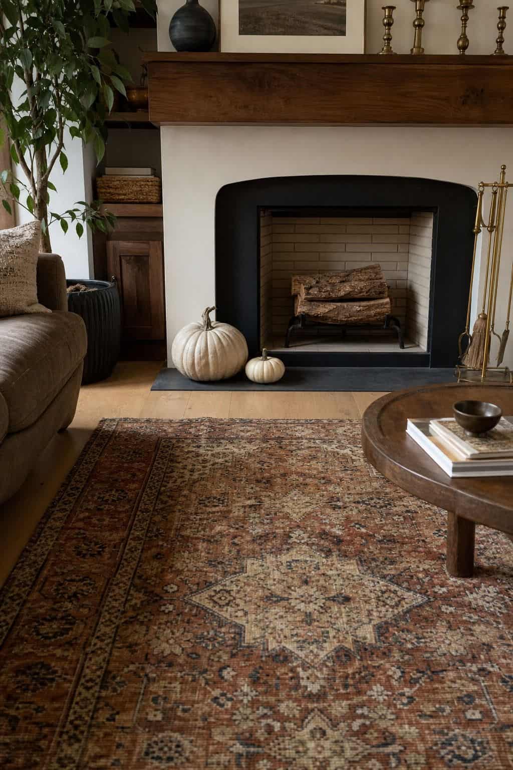 Vintage patterned rug anchoring a cozy Thanksgiving fireplace seating area