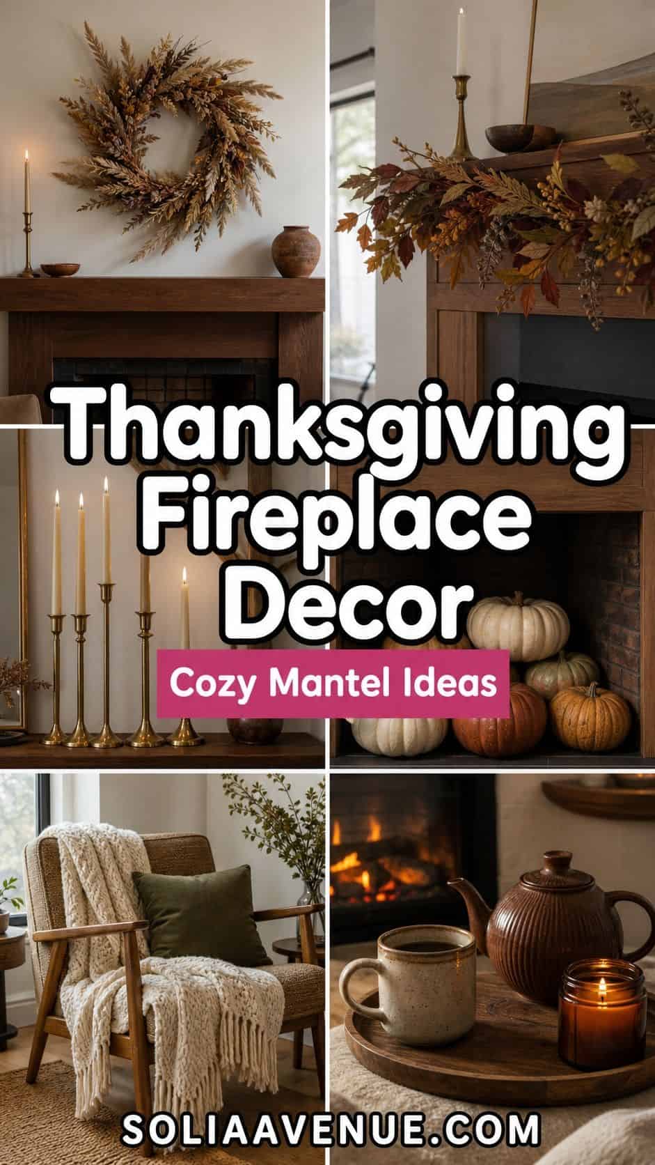 Pinterest collage of Thanksgiving fireplace decor with mantel, hearth, and cozy living room ideas