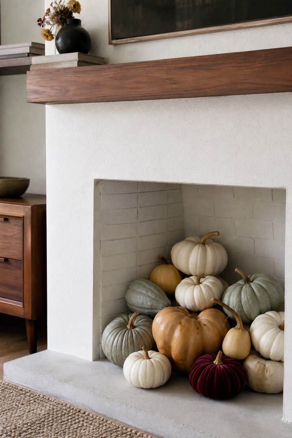 Heirloom pumpkins clustered inside an unused fireplace opening for fall hearth decor