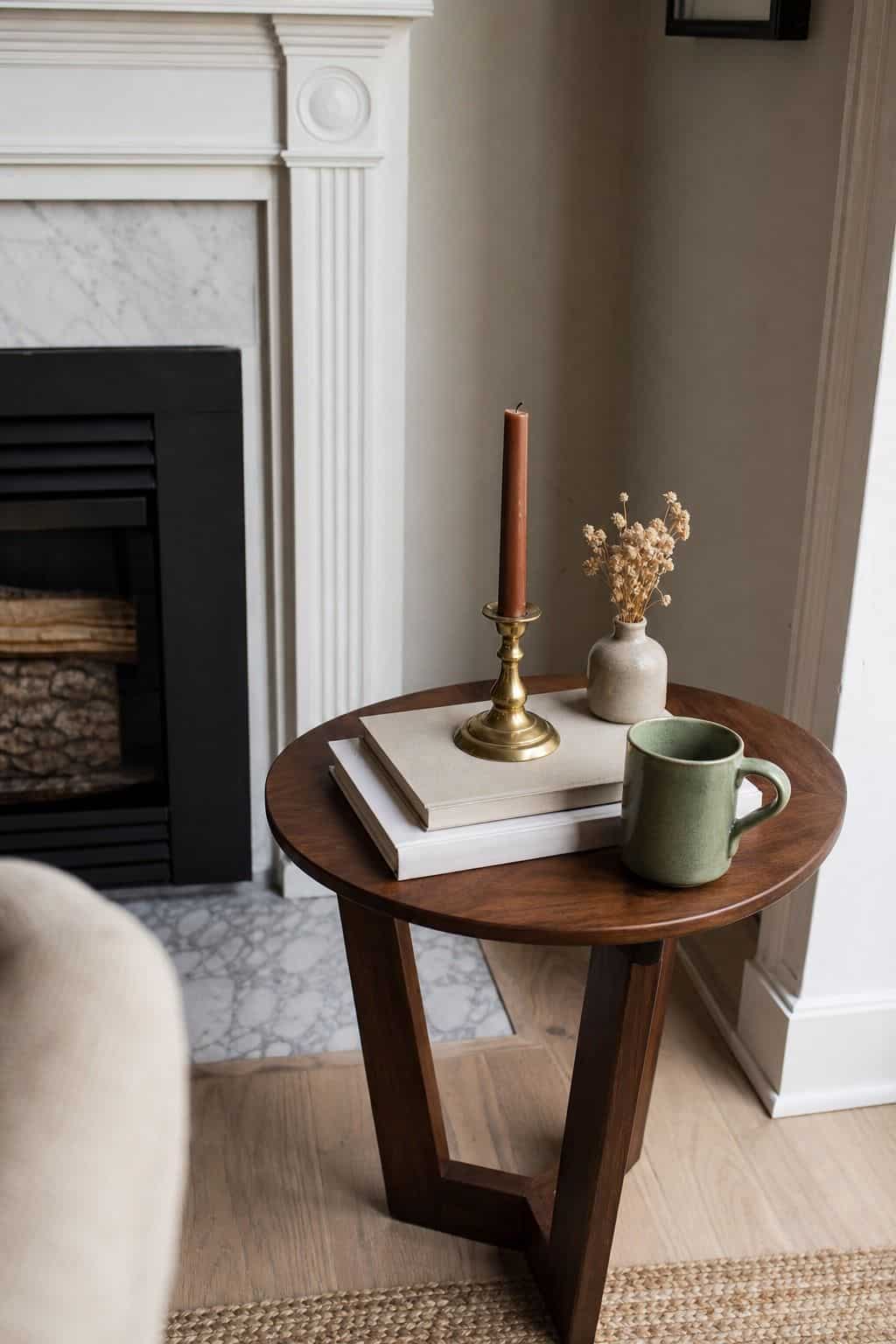 Walnut side table with books, candle, and mug beside a Thanksgiving fireplace