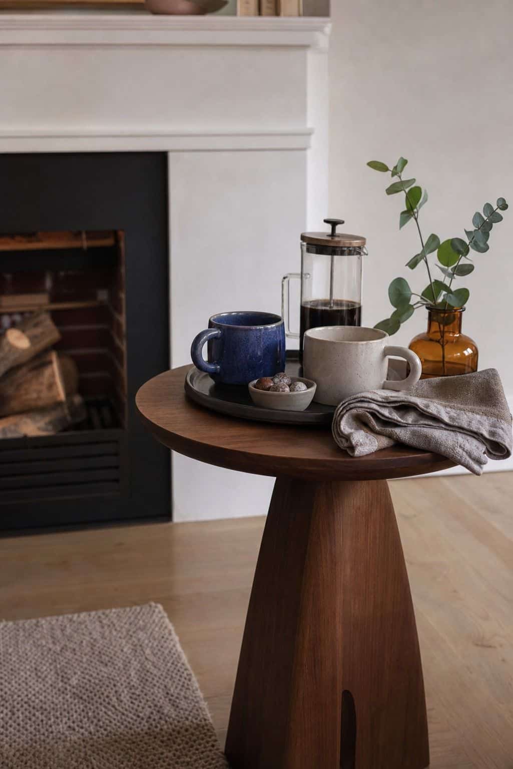 Tea and coffee tray on a walnut side table near a cozy Thanksgiving fireplace