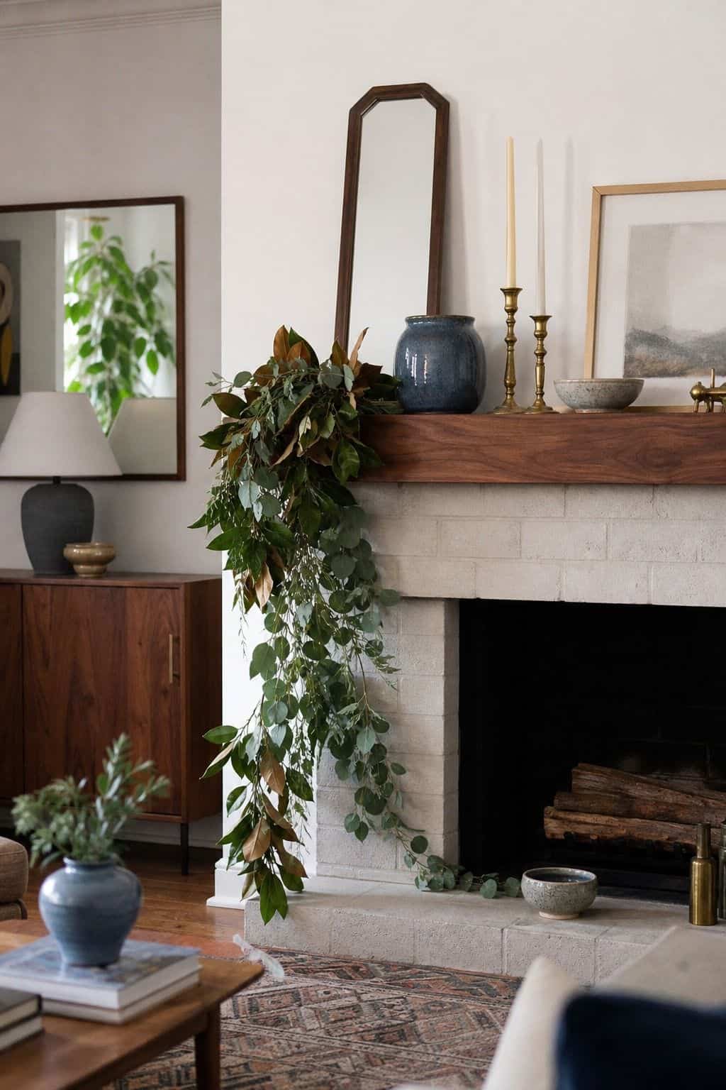 Trailing greenery cascading from a walnut mantel beside a Thanksgiving fireplace