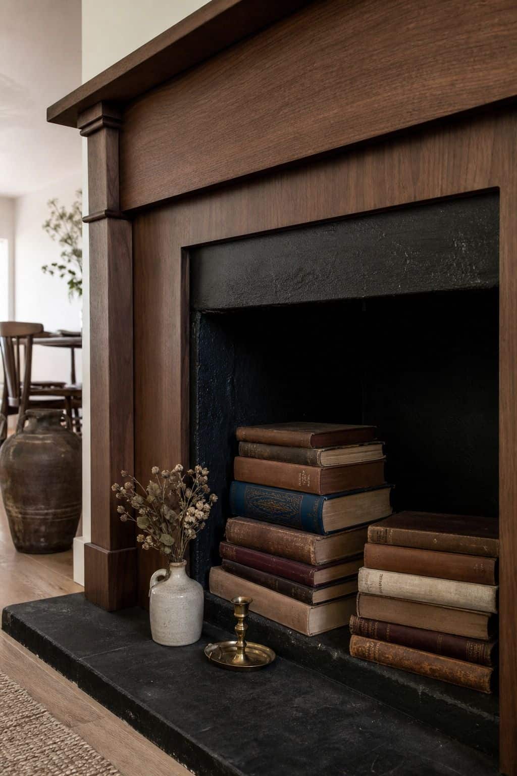 Vintage books stacked in a fireplace hearth with a small vase and brass candle