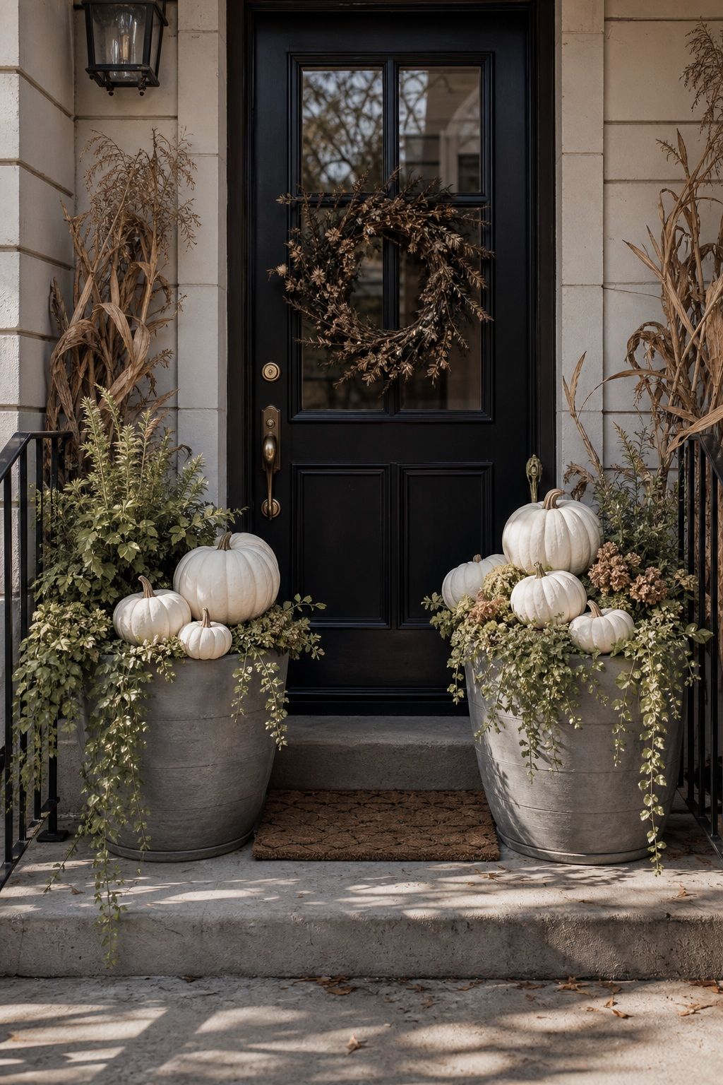 Flank the Door With Two Oversized Planters of White Pumpkins small apartment idea for Top 17 Thanksgiving Front Porch Decor Ideas for Apartments and Small Outdoor Spaces.