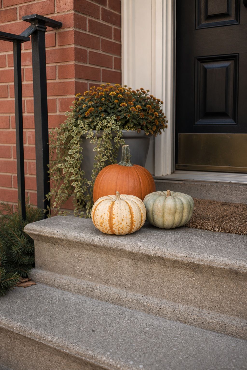Group Three Pumpkins on the Top Step small apartment idea for Top 17 Thanksgiving Front Porch Decor Ideas for Apartments and Small Outdoor Spaces.