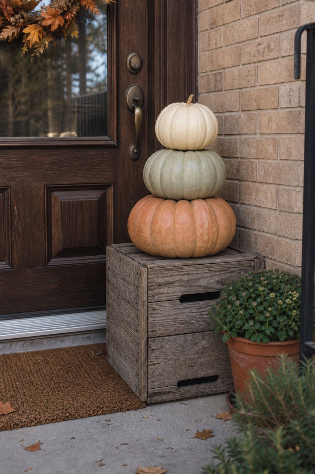 Use a Stack of Three Pumpkins on a Wood Crate small apartment idea for Top 17 Thanksgiving Front Porch Decor Ideas for Apartments and Small Outdoor Spaces.