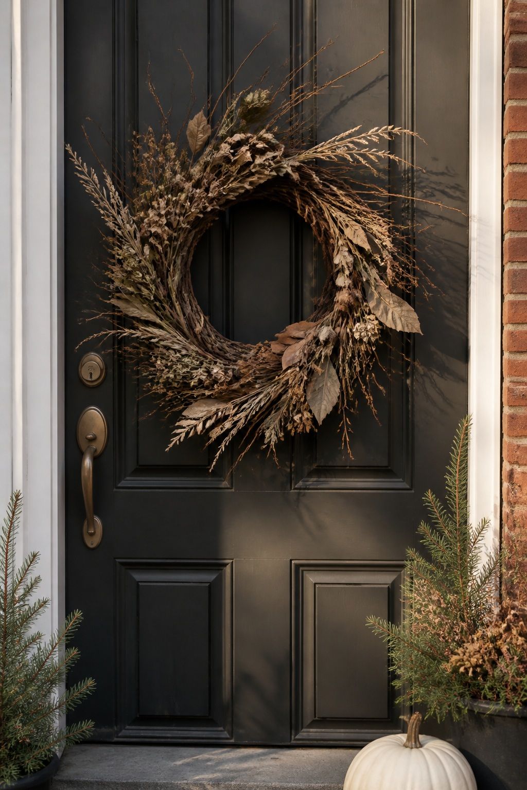 Hang a Foraged-Looking Wreath, Not a Floral One small apartment idea for Top 17 Thanksgiving Front Porch Decor Ideas for Apartments and Small Outdoor Spaces.