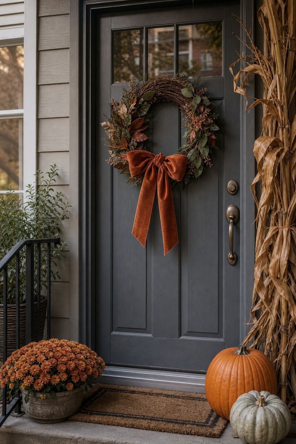 Add a Wreath With One Statement Element small apartment idea for Top 17 Thanksgiving Front Porch Decor Ideas for Apartments and Small Outdoor Spaces.