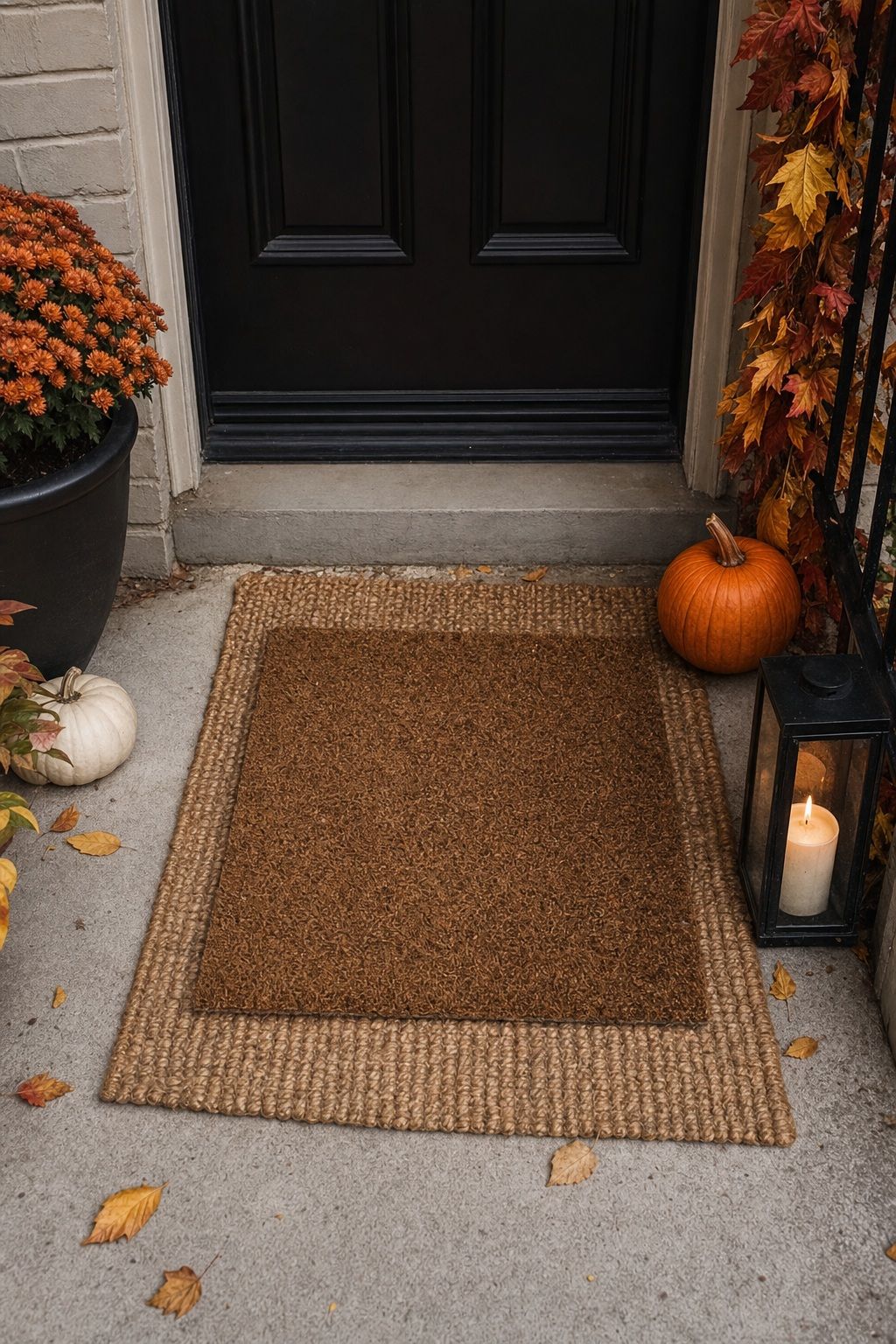 Layer Two Doormats for Texture small apartment idea for Top 17 Thanksgiving Front Porch Decor Ideas for Apartments and Small Outdoor Spaces.