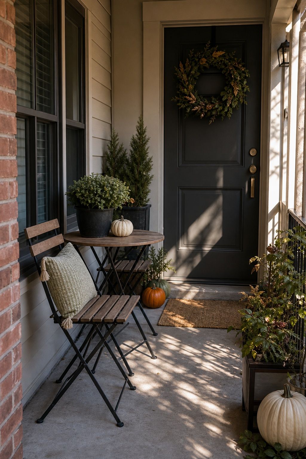 Add One Bench or Bistro Set if Space Allows small apartment idea for Top 17 Thanksgiving Front Porch Decor Ideas for Apartments and Small Outdoor Spaces.