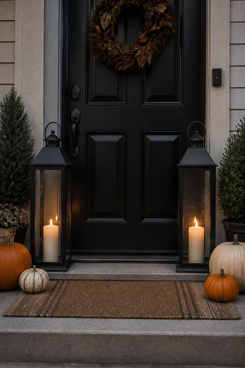 Set Two Tall Lanterns Flanking the Door small apartment idea for Top 17 Thanksgiving Front Porch Decor Ideas for Apartments and Small Outdoor Spaces.