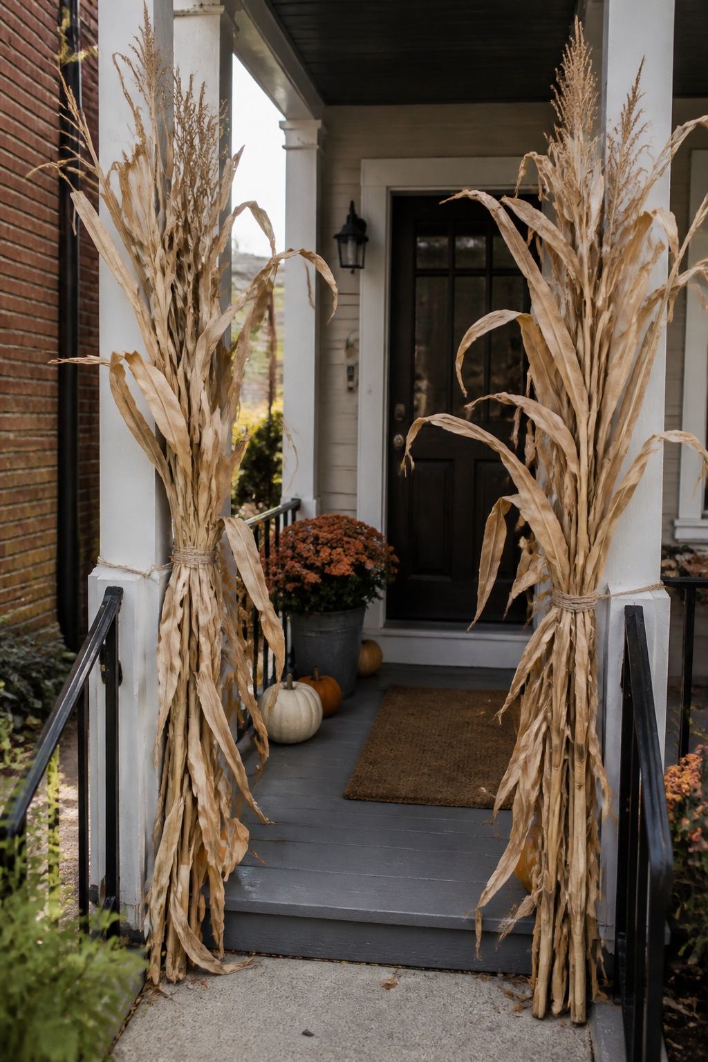 Add Tall Cornstalks Tied to the Porch Posts small apartment idea for Top 17 Thanksgiving Front Porch Decor Ideas for Apartments and Small Outdoor Spaces.