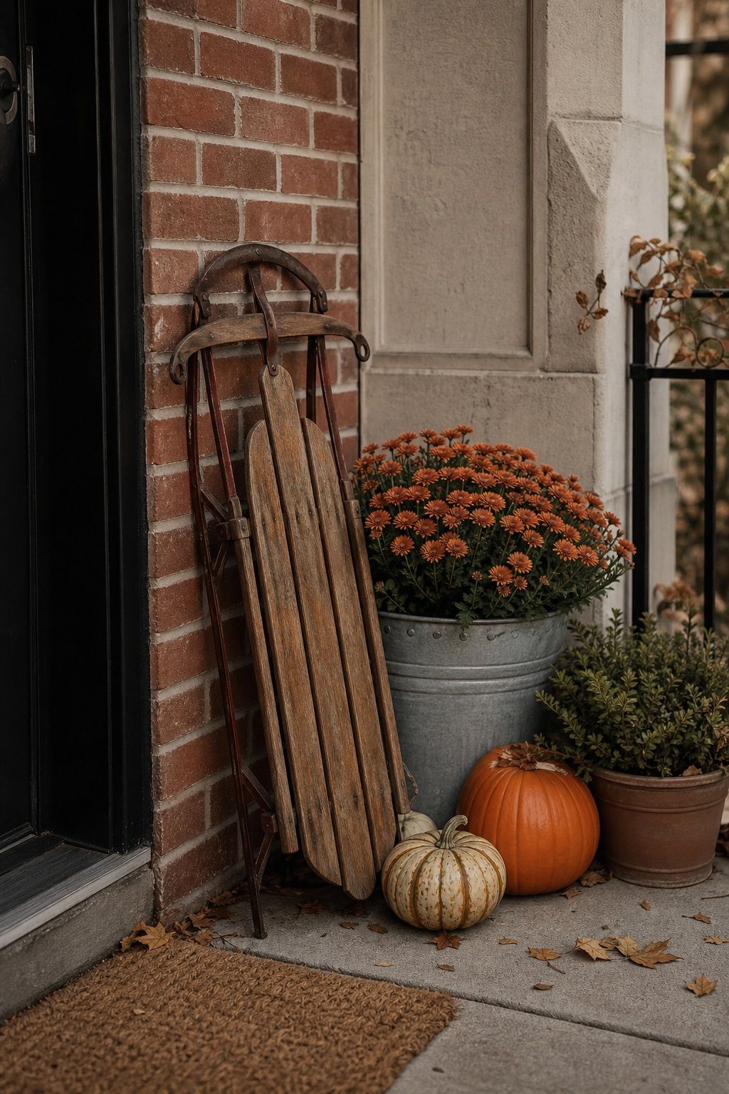 Add a Small Antique Sled, Garden Tool, or Crate small apartment idea for Top 17 Thanksgiving Front Porch Decor Ideas for Apartments and Small Outdoor Spaces.