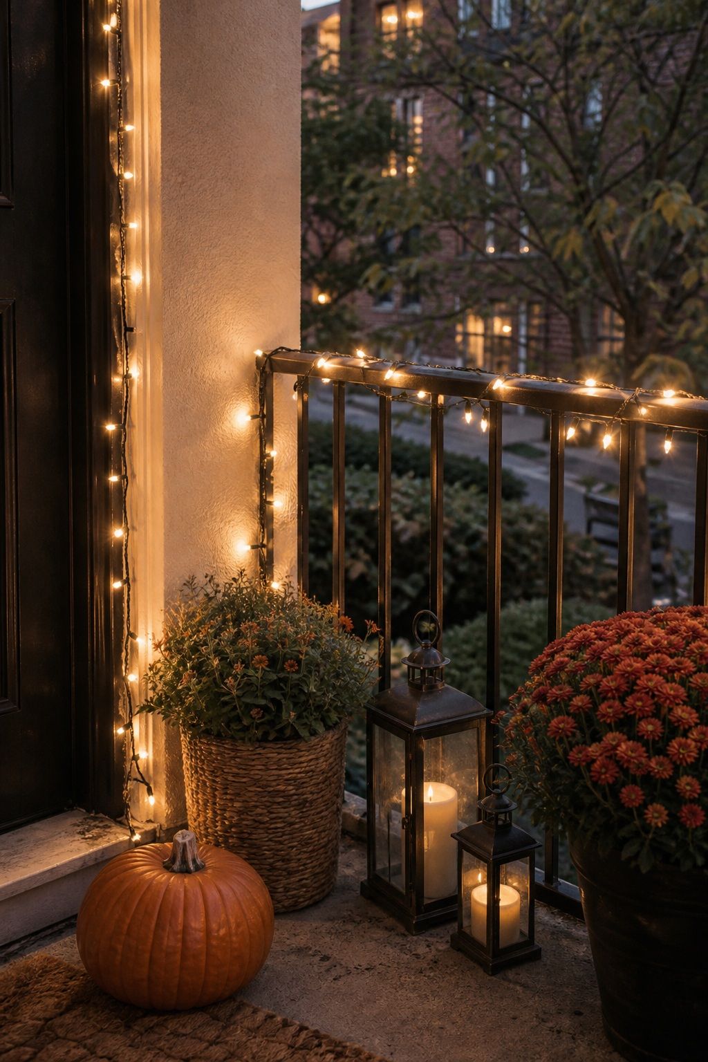 Run Warm White String Lights Along the Edge small apartment idea for Top 17 Thanksgiving Front Porch Decor Ideas for Apartments and Small Outdoor Spaces.