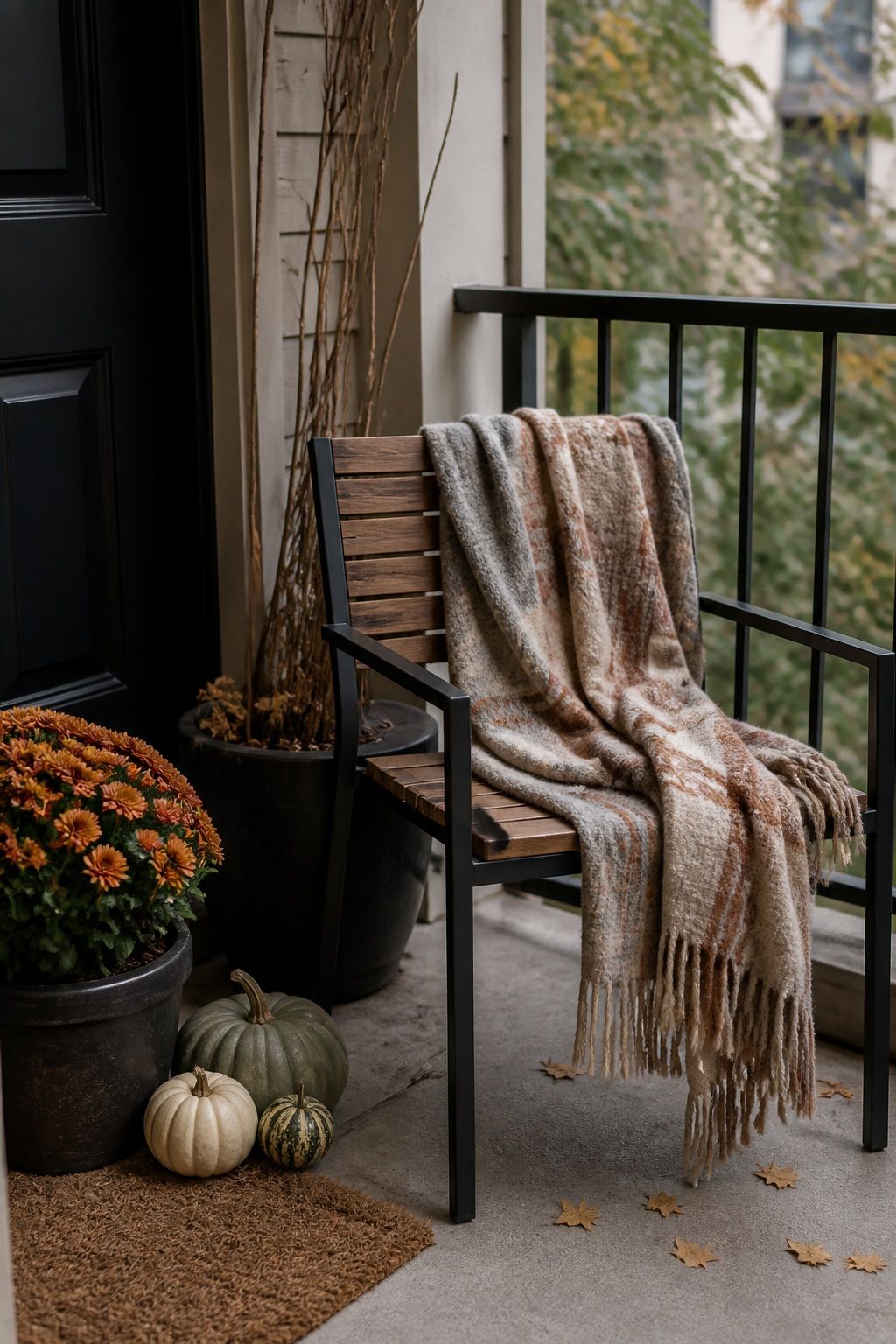 Drape a Wool Throw Over a Chair or Bench small apartment idea for Top 17 Thanksgiving Front Porch Decor Ideas for Apartments and Small Outdoor Spaces.