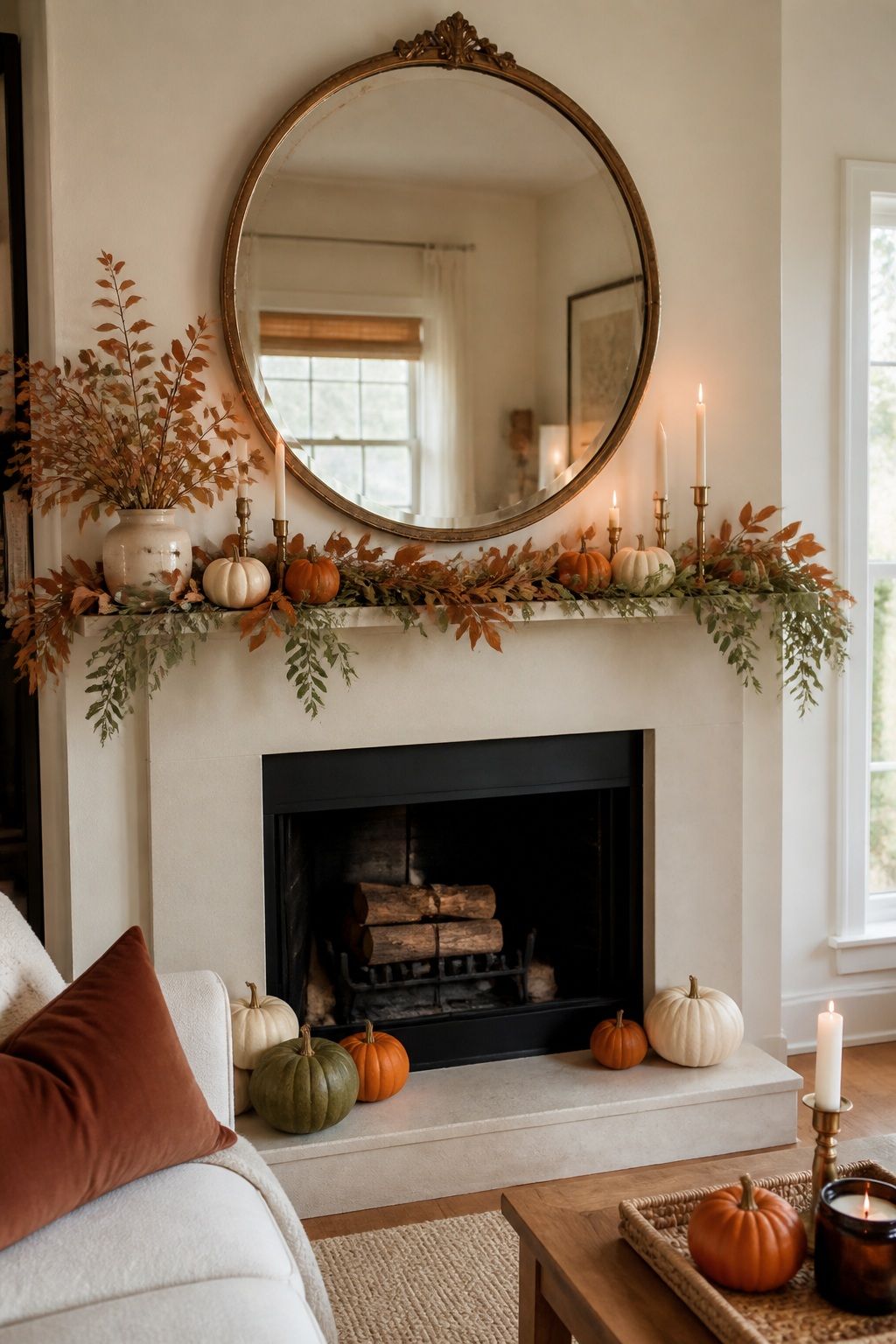Hang a Large Round Antique Mirror small apartment idea for Top 16 Thanksgiving Mantle Decor Ideas for Small Spaces.