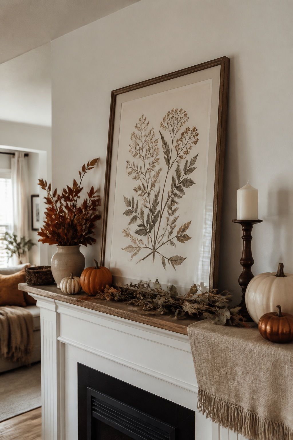 Lean a Large Piece of Botanical Art small apartment idea for Top 16 Thanksgiving Mantle Decor Ideas for Small Spaces.