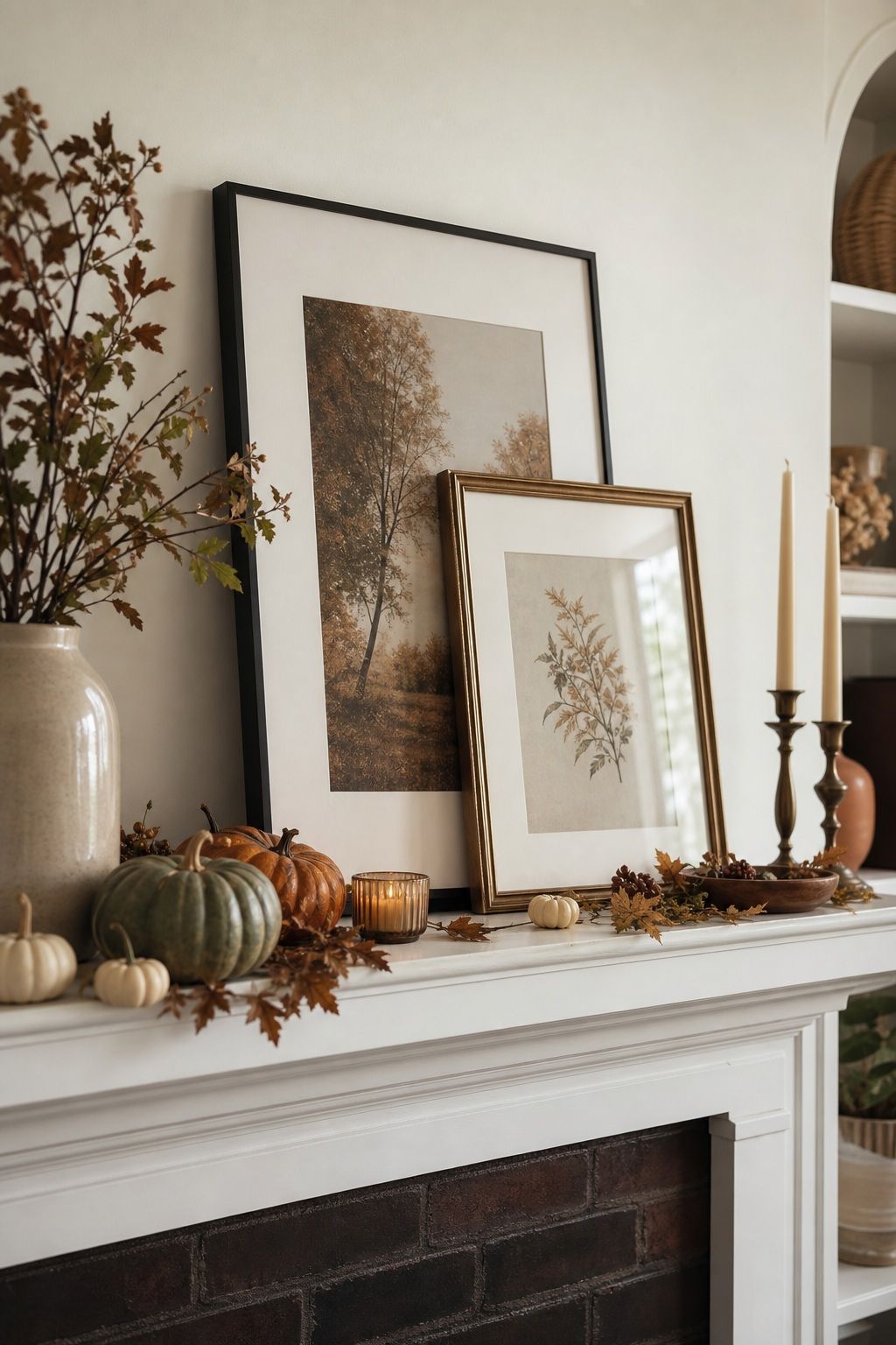 Layer Two Pieces of Art at Different Heights small apartment idea for Top 16 Thanksgiving Mantle Decor Ideas for Small Spaces.