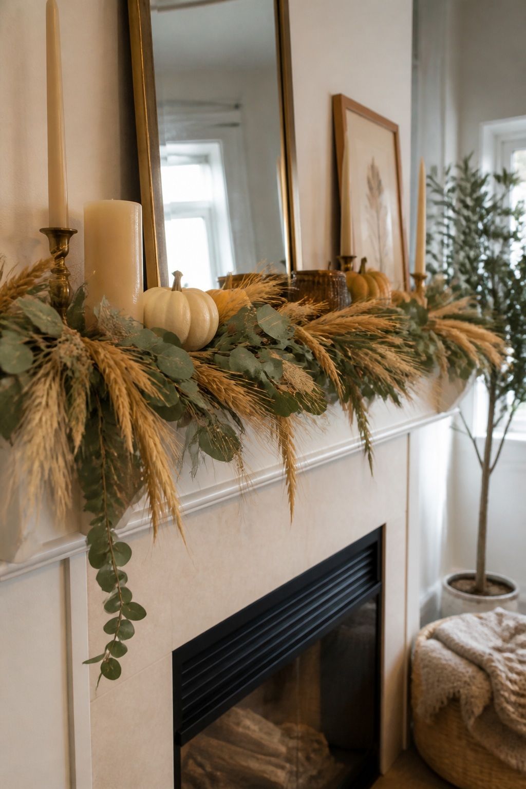 Drape a Mixed Eucalyptus and Dried Wheat Garland small apartment idea for Top 16 Thanksgiving Mantle Decor Ideas for Small Spaces.