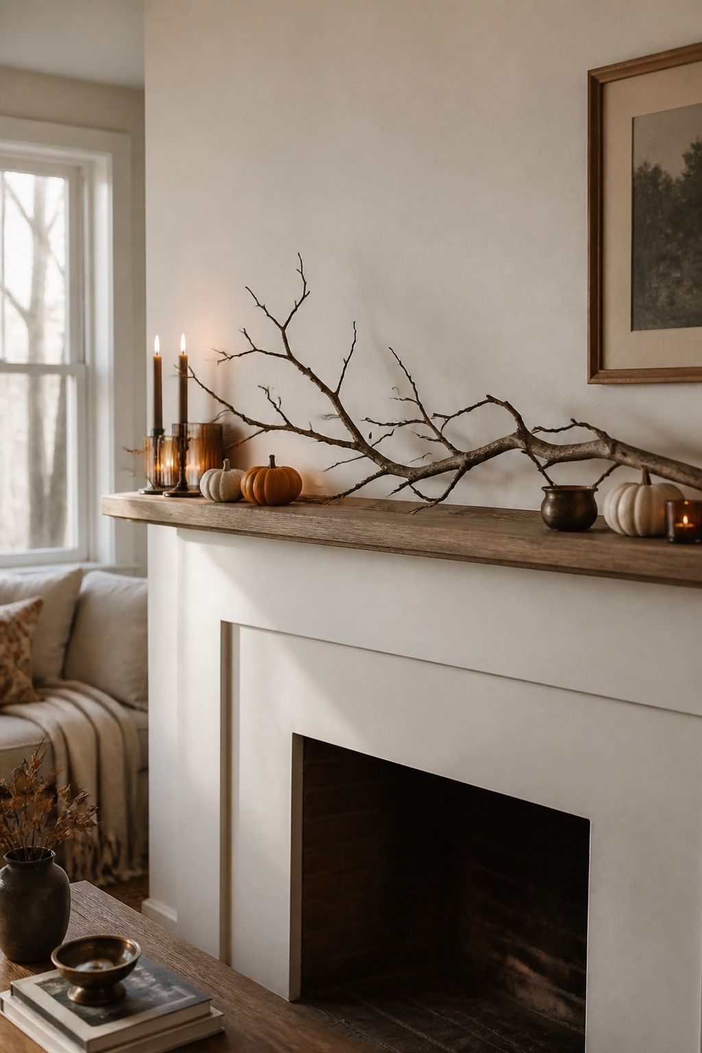 Use a Bare Branch Across the Top Edge small apartment idea for Top 16 Thanksgiving Mantle Decor Ideas for Small Spaces.