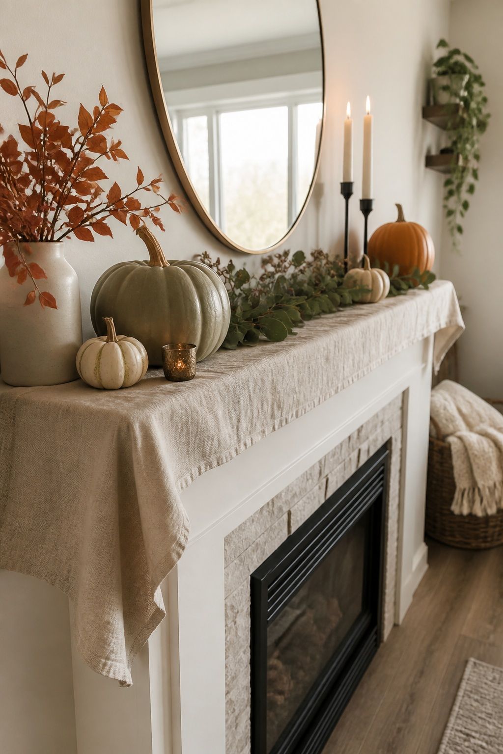 Add a Long Linen Runner Underneath small apartment idea for Top 16 Thanksgiving Mantle Decor Ideas for Small Spaces.