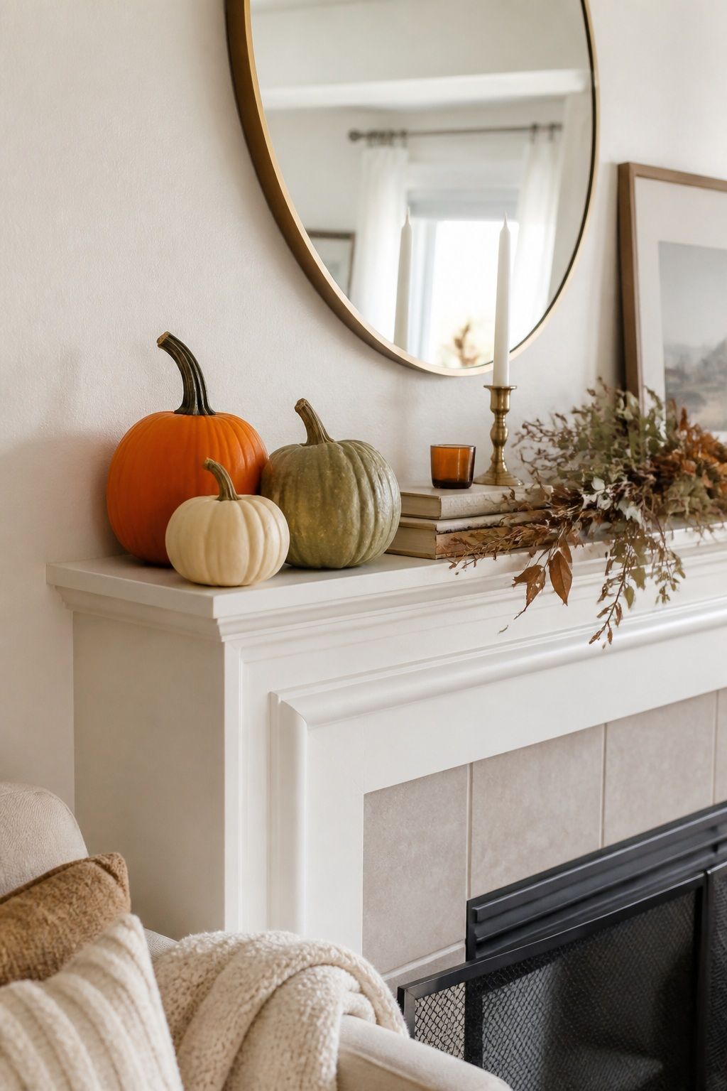 Group Three Pumpkins to One Side small apartment idea for Top 16 Thanksgiving Mantle Decor Ideas for Small Spaces.