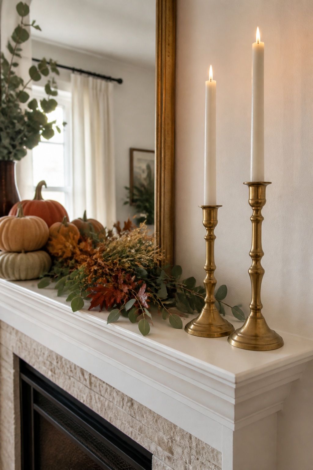 Add a Pair of Tall Brass Candleholders on the Opposite Side small apartment idea for Top 16 Thanksgiving Mantle Decor Ideas for Small Spaces.