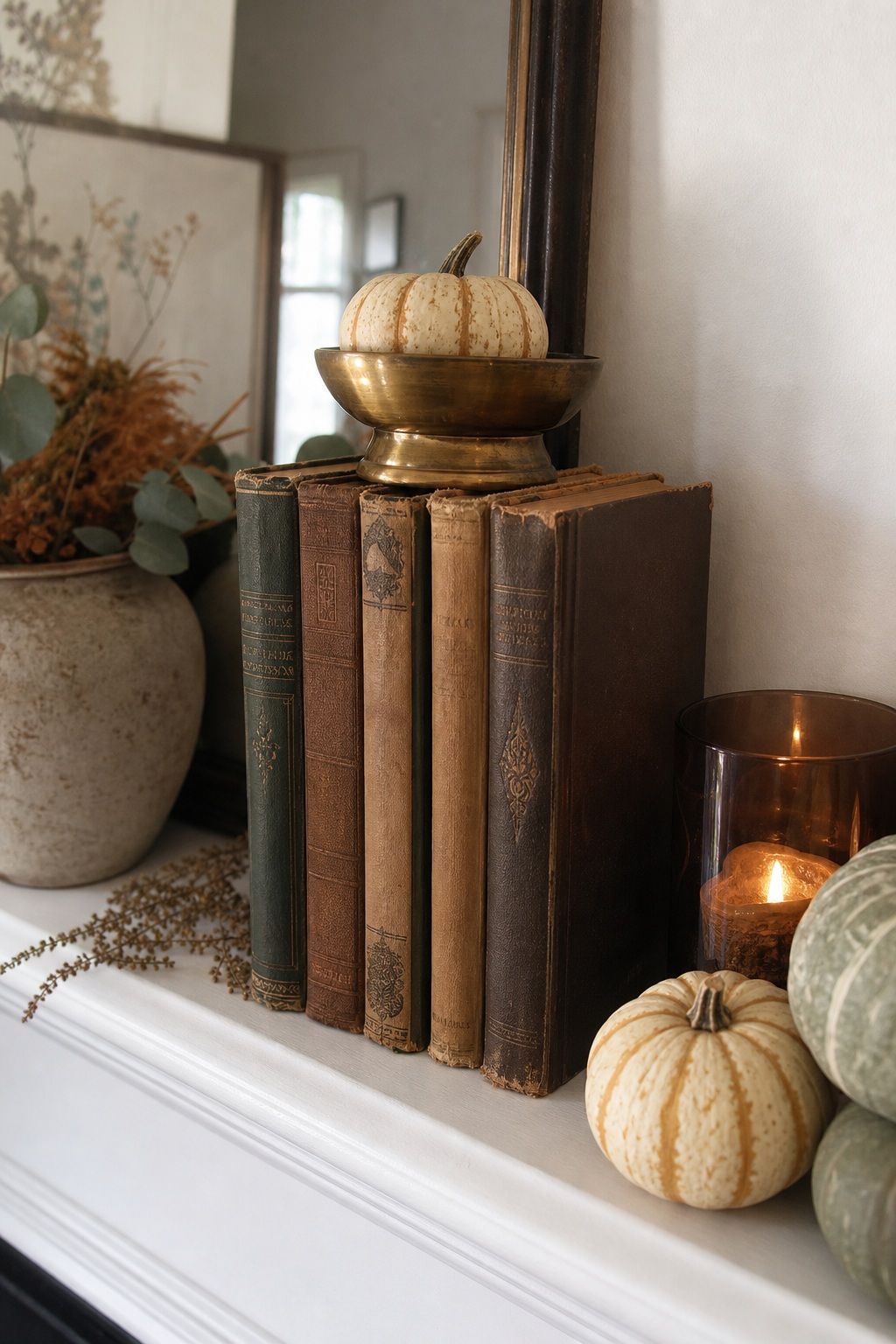 Stack Vintage Books Vertically as a Stand small apartment idea for Top 16 Thanksgiving Mantle Decor Ideas for Small Spaces.