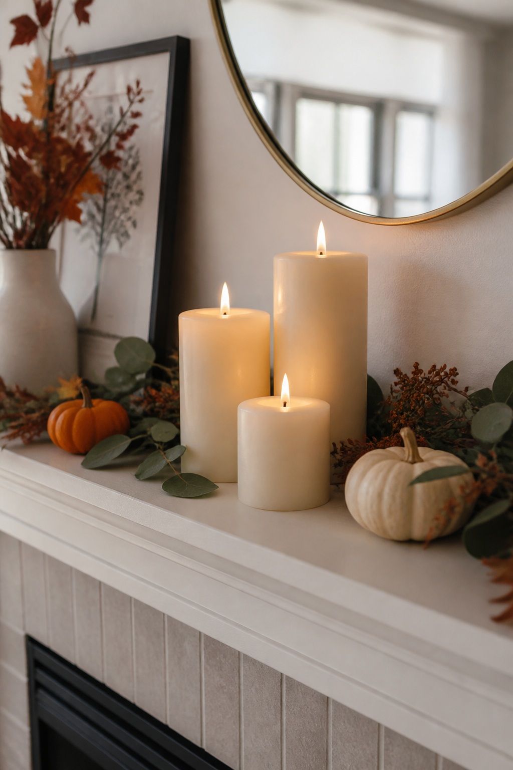 Use Three Heights of Pillar Candles small apartment idea for Top 16 Thanksgiving Mantle Decor Ideas for Small Spaces.