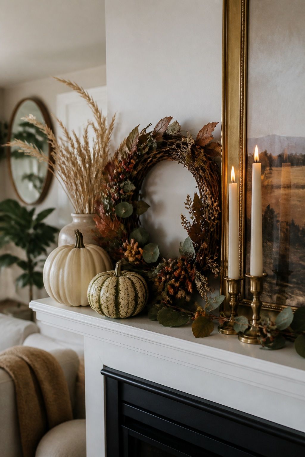 Tuck in a Wreath or Foraged Stem small apartment idea for Top 16 Thanksgiving Mantle Decor Ideas for Small Spaces.