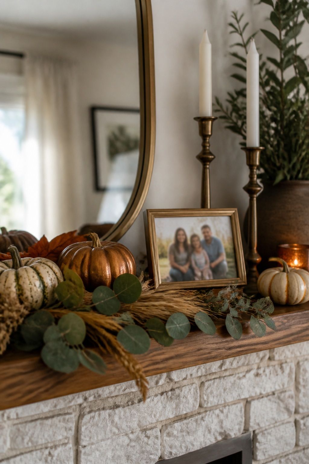 Add a Small Framed Family Photo small apartment idea for Top 16 Thanksgiving Mantle Decor Ideas for Small Spaces.