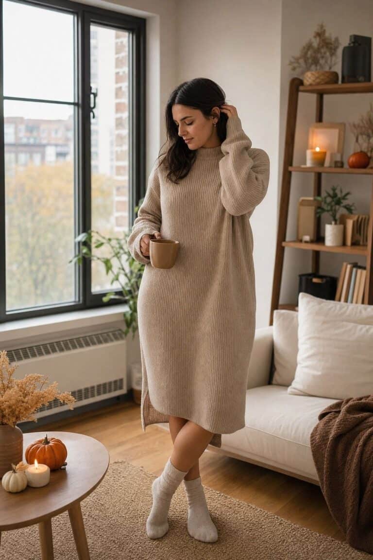 Choose a Cozy Sweater Dress small apartment idea for Top 17 Thanksgiving Outfit Ideas for Women That Mix Cozy and Chic.