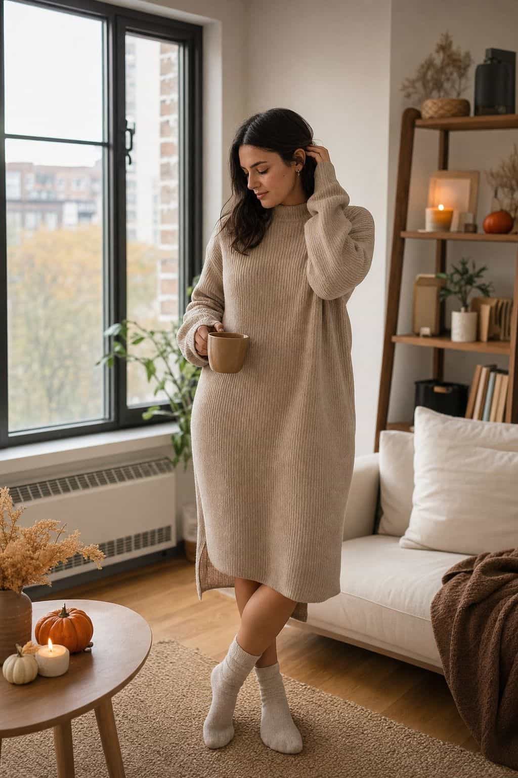 Choose a Cozy Sweater Dress small apartment idea for Top 17 Thanksgiving Outfit Ideas for Women That Mix Cozy and Chic.